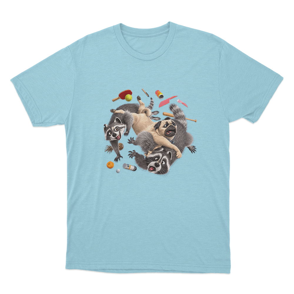 Mighty Mike Raccoon Chaos Unisex T Shirt Sky Blue Mighty Mike Raccoon Chaos Unisex T Shirt Sky Blue